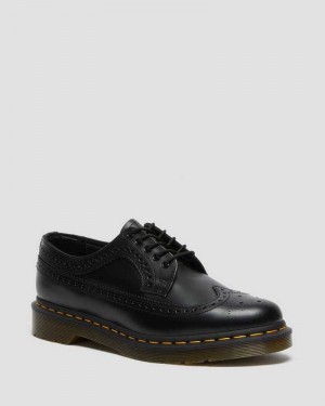 Dr Martens 3989 Yellow Stitch Smooth Leather Brogue Shoes Loafers Black | 53062JUNR