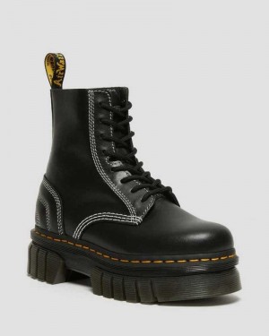 Dr Martens Audrick White Stitch Leather Platform Lace Up Boots Ankle Boots Black | 13054CGXE