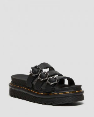 Dr Martens Blaire Flower Buckle Leather Slide Sandals Platform Sandals Black | 48730GMDP