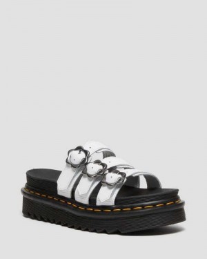 Dr Martens Blaire Flower Buckle Leather Slide Sandals Platform Sandals White | 29706CAPQ