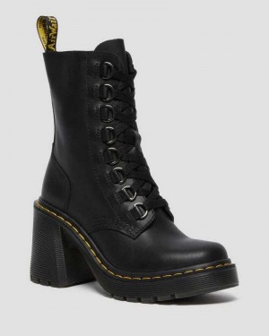 Dr Martens Chesney Leather Flared Heel Lace Up Boots Heeled Boots Black | 54897CWAN