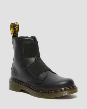 Dr Martens Junior 1460 Elastic Leather Lace Up Boots Boots Black | 06837JPMA