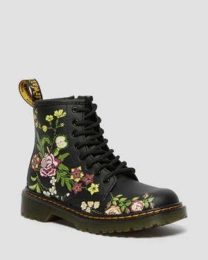 Dr Martens Junior 1460 Floral Leather Lace Up Boots Boots Black | 76503QOZX