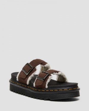 Dr Martens Myles Suede Fur-Lined Buckle Slide Sandals Platform Sandals Dark Brown | 81056EPKB