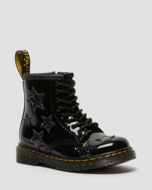 Dr Martens Toddler 1460 Glitter Star Patent Lace Up Boots Boots Black | 01568DBIG