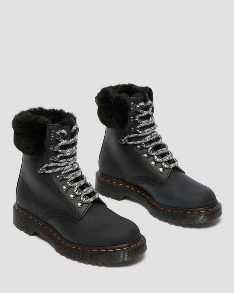 Dr Martens 1460 Serena Collar Faux Fur Lined Lace Up Boots Winter Boots Black | 01465BKLQ