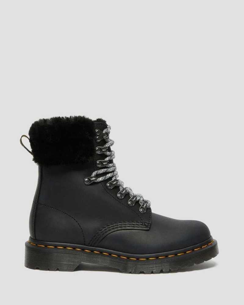 Dr Martens 1460 Serena Collar Faux Fur Lined Lace Up Boots Winter Boots Black | 01465BKLQ