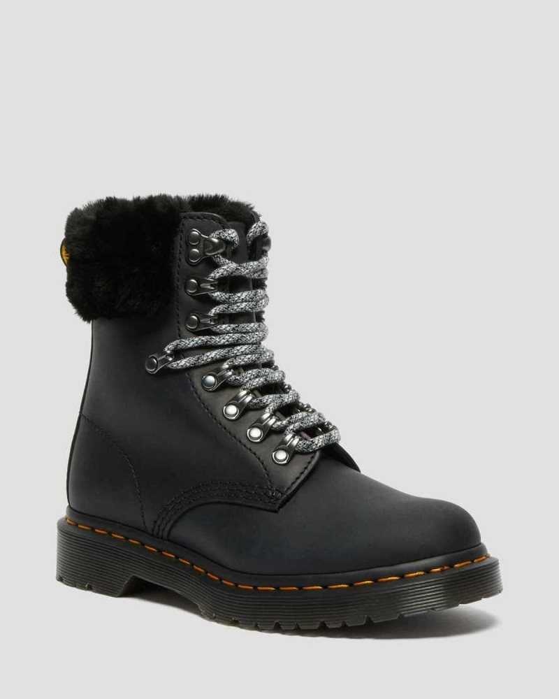 Dr Martens 1460 Serena Collar Faux Fur Lined Lace Up Boots Winter Boots Black | 01465BKLQ