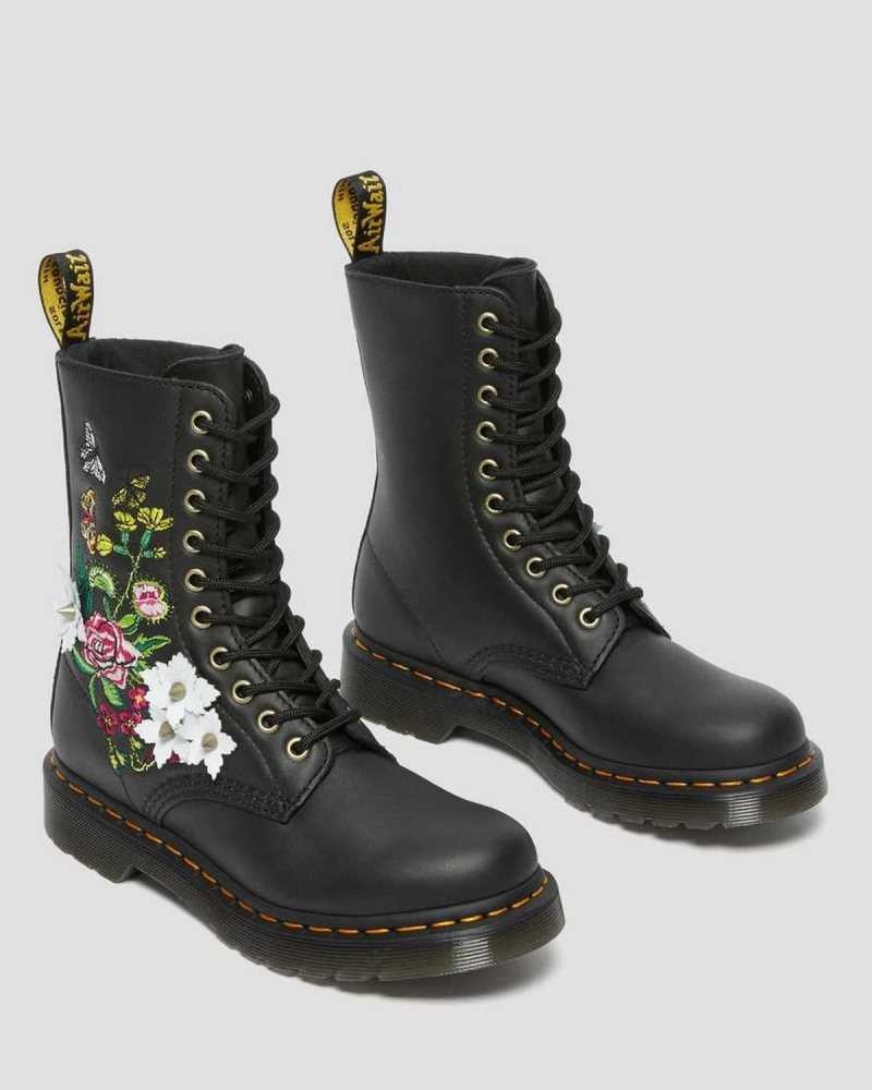 Dr Martens 1490 Floral Bloom Leather Mid-Calf Boots Boots Black | 81396ZUPS