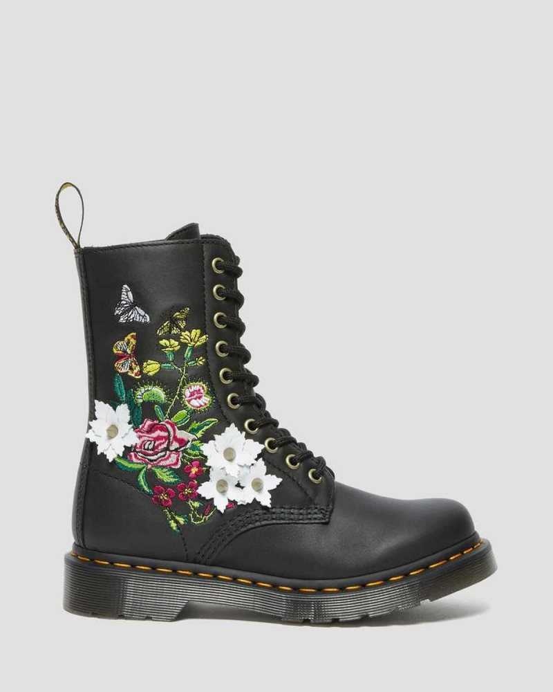 Dr Martens 1490 Floral Bloom Leather Mid-Calf Boots Boots Black | 81396ZUPS