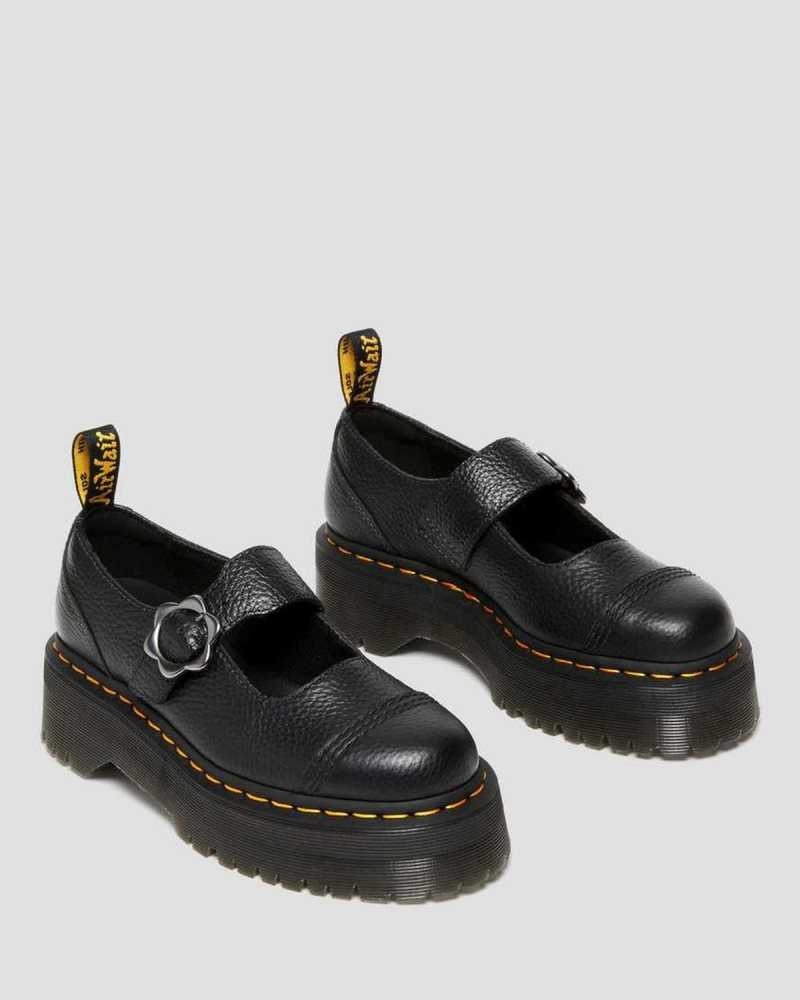 Dr Martens Addina Flower Buckle Leather Platform Shoes Mary Janes Black | 62109PSGD