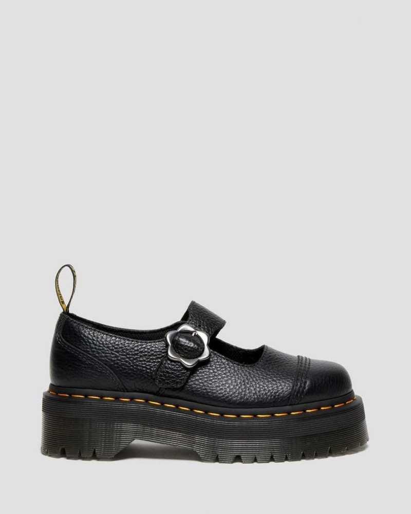 Dr Martens Addina Flower Buckle Leather Platform Shoes Mary Janes Black | 62109PSGD