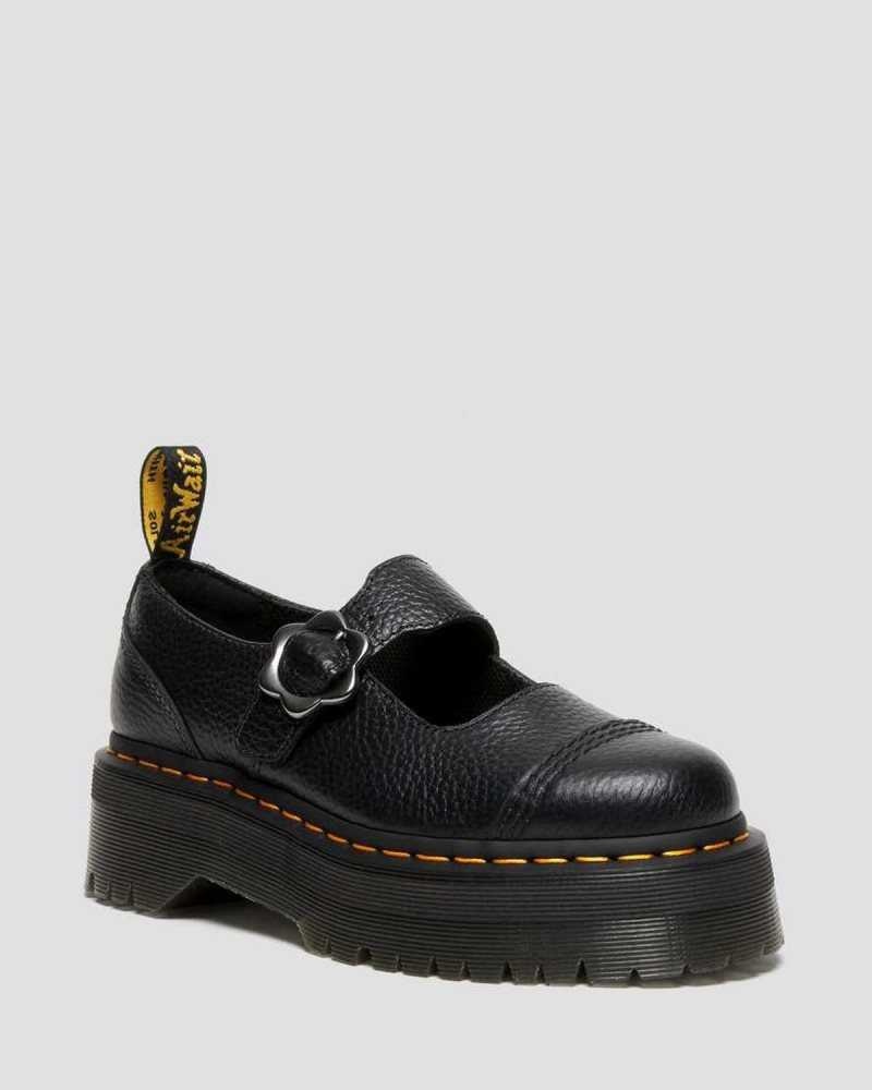 Dr Martens Addina Flower Buckle Leather Platform Shoes Mary Janes Black | 62109PSGD