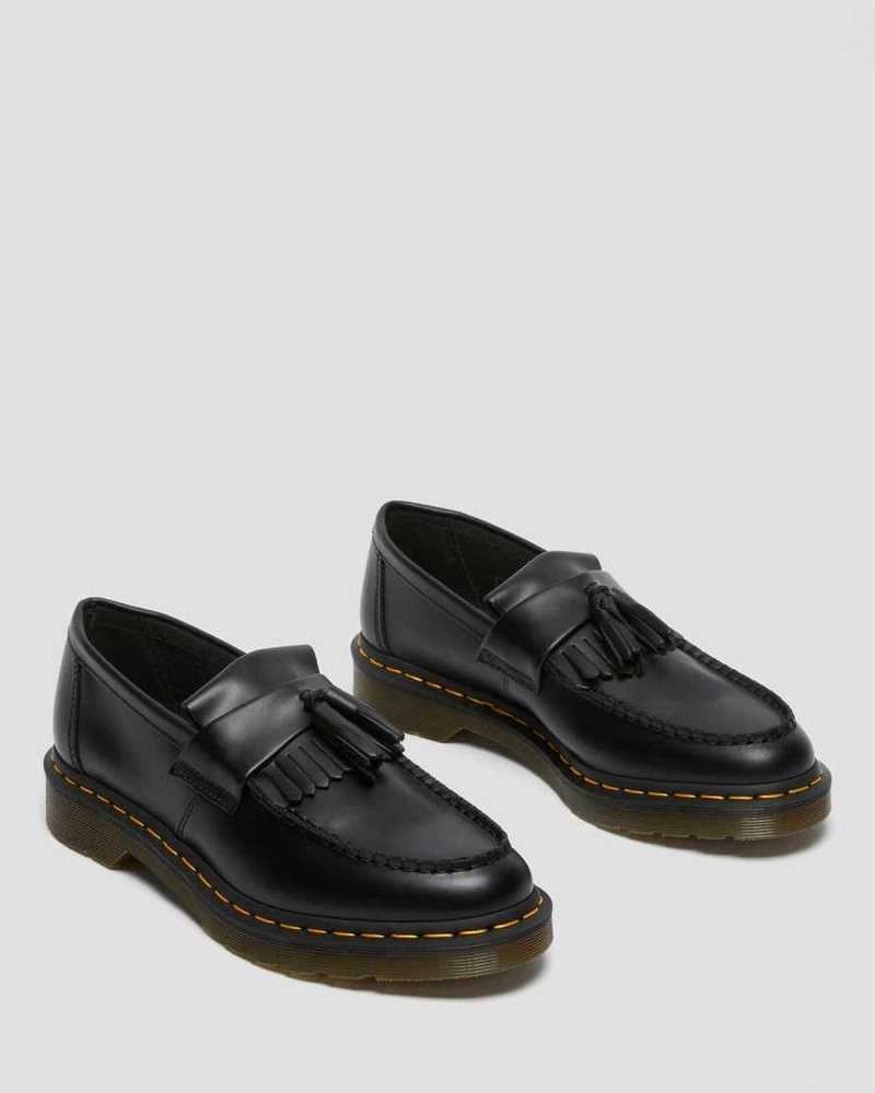 Dr Martens Adrian Yellow Stitch Leather Tassel Loafers Originals Shoes Black | 07298XVDS