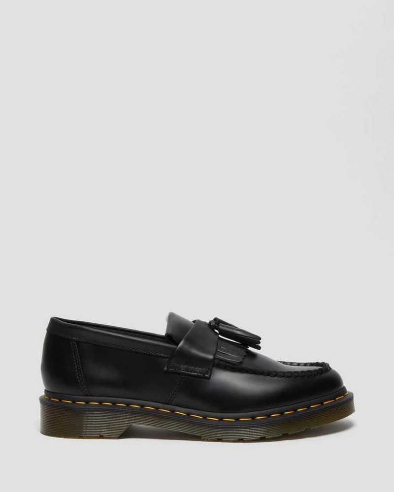 Dr Martens Adrian Yellow Stitch Leather Tassel Loafers Originals Shoes Black | 07298XVDS