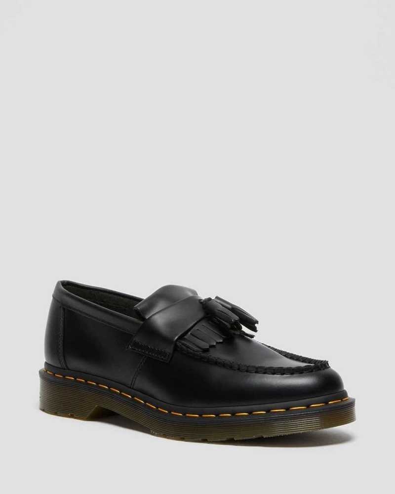 Dr Martens Adrian Yellow Stitch Leather Tassel Loafers Originals Shoes Black | 07298XVDS