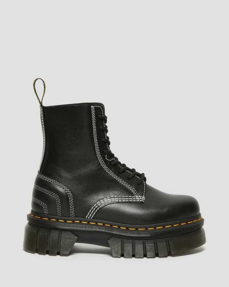 Dr Martens Audrick White Stitch Leather Platform Lace Up Boots Platform Boots Black | 20815QEDO