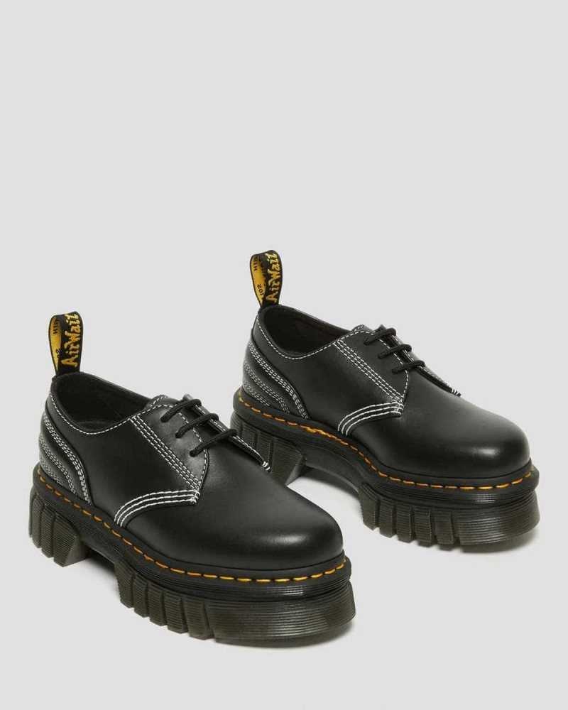 Dr Martens Audrick White Stitch Leather Platform Shoes Loafers Black | 81590IDBZ