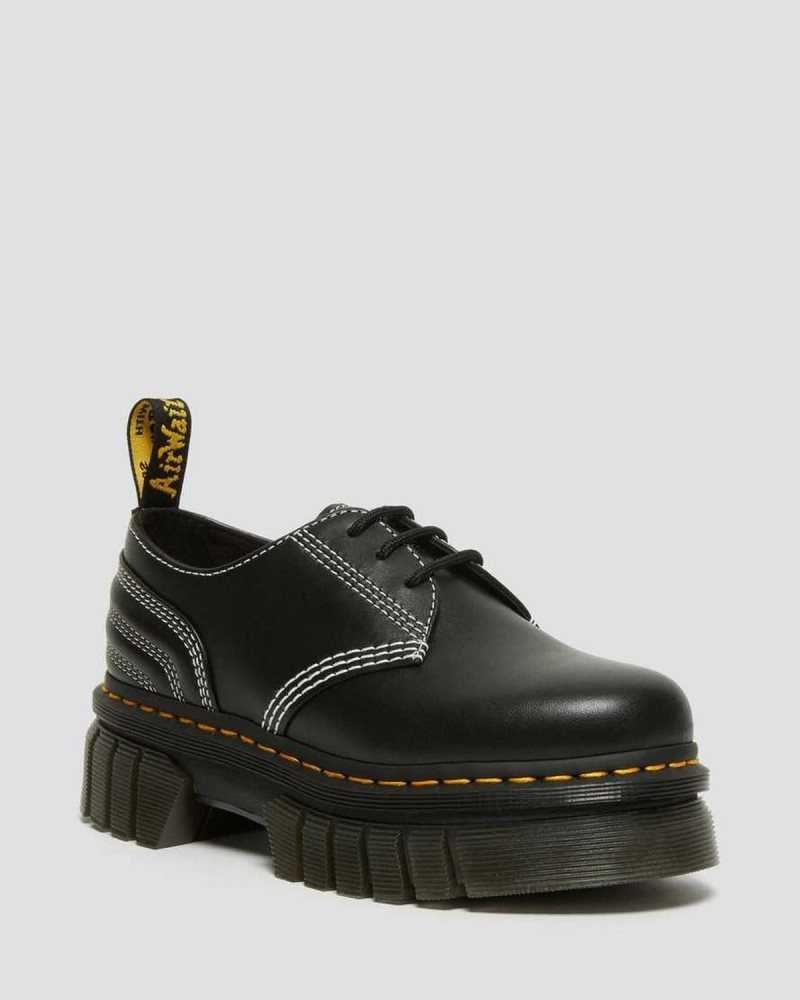 Dr Martens Audrick White Stitch Leather Platform Shoes Loafers Black | 81590IDBZ