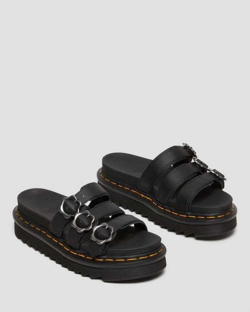 Dr Martens Blaire Flower Buckle Leather Slide Sandals Platform Sandals Black | 48730GMDP