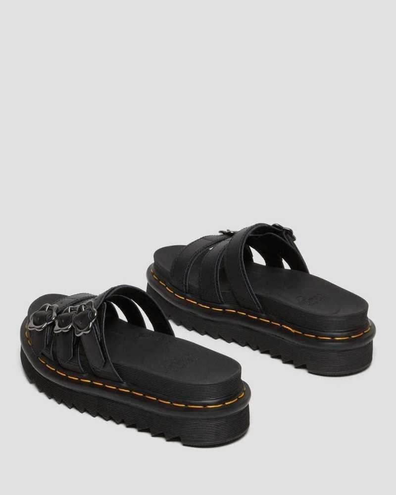 Dr Martens Blaire Flower Buckle Leather Slide Sandals Platform Sandals Black | 48730GMDP