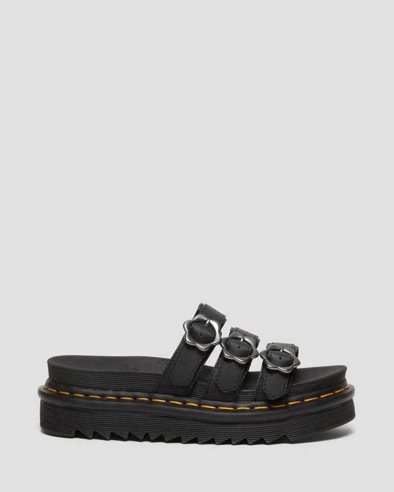 Dr Martens Blaire Flower Buckle Leather Slide Sandals Platform Sandals Black | 48730GMDP