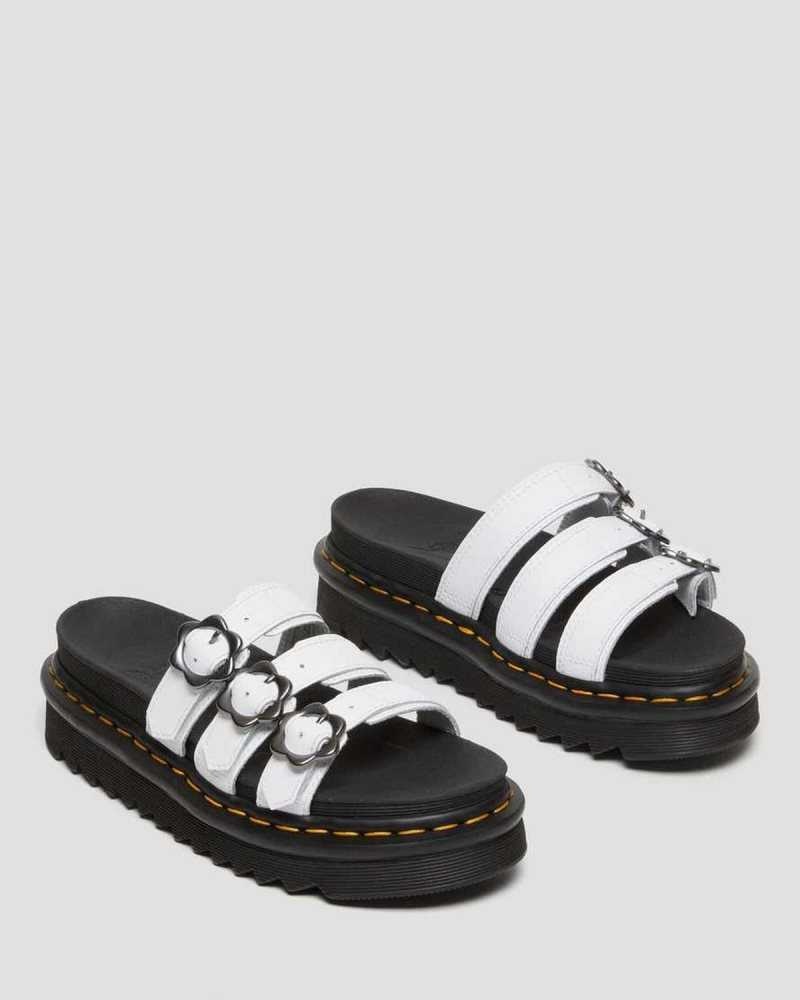 Dr Martens Blaire Flower Buckle Leather Slide Sandals Platform Sandals White | 29706CAPQ