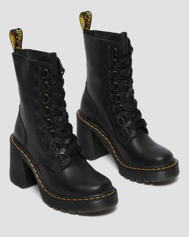 Dr Martens Chesney Leather Flared Heel Lace Up Boots Heeled Boots Black | 54897CWAN