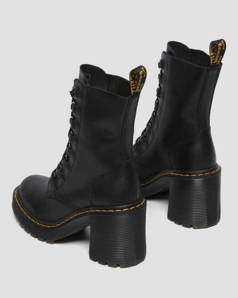 Dr Martens Chesney Leather Flared Heel Lace Up Boots Heeled Boots Black | 54897CWAN