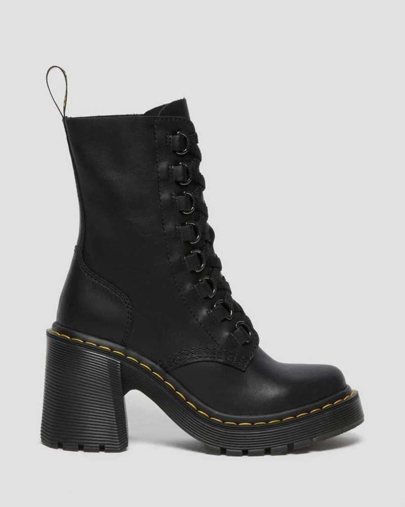 Dr Martens Chesney Leather Flared Heel Lace Up Boots Heeled Boots Black | 54897CWAN