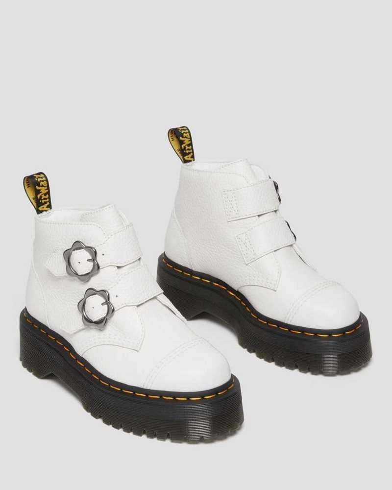 Dr Martens Devon Flower Buckle Leather Platform Boots Platform Boots White | 05238ZIAD