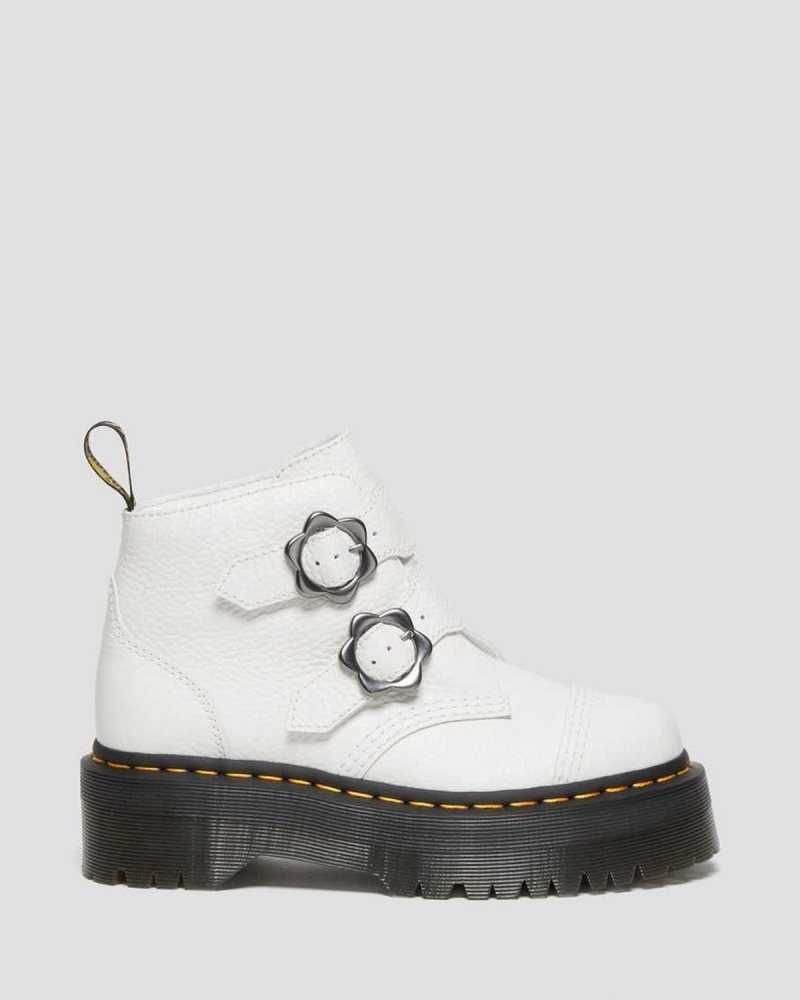 Dr Martens Devon Flower Buckle Leather Platform Boots Platform Boots White | 05238ZIAD