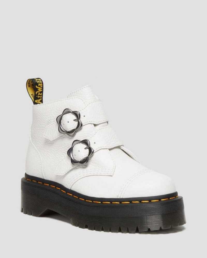 Dr Martens Devon Flower Buckle Leather Platform Boots Platform Boots White | 05238ZIAD