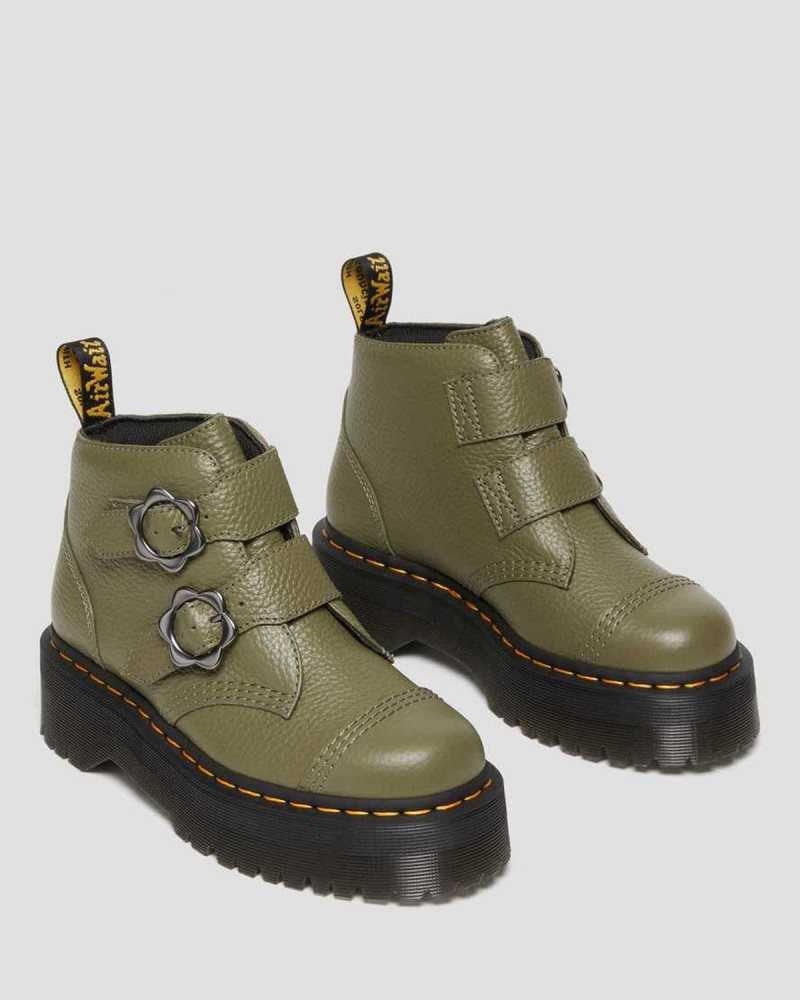 Dr Martens Devon Flower Buckle Leather Platform Boots Platform Boots Khaki Green | 01982LOUZ