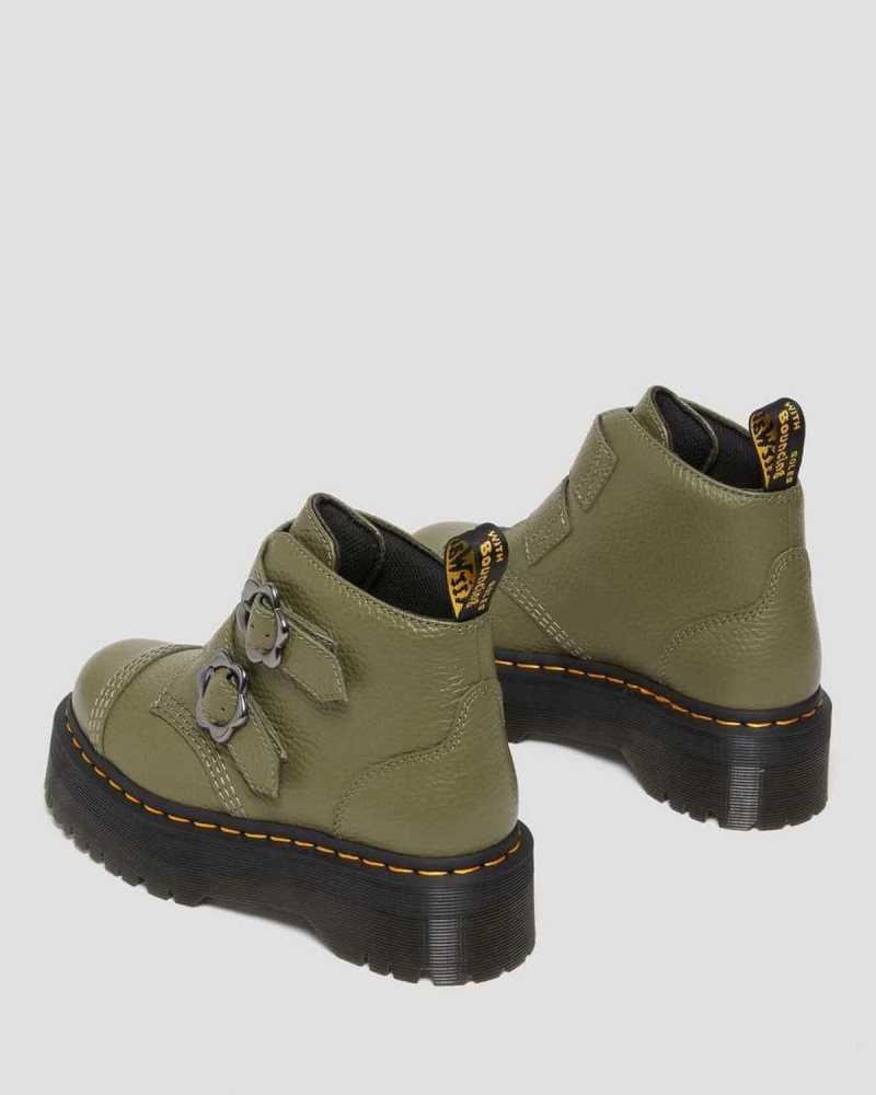 Dr Martens Devon Flower Buckle Leather Platform Boots Platform Boots Khaki Green | 01982LOUZ