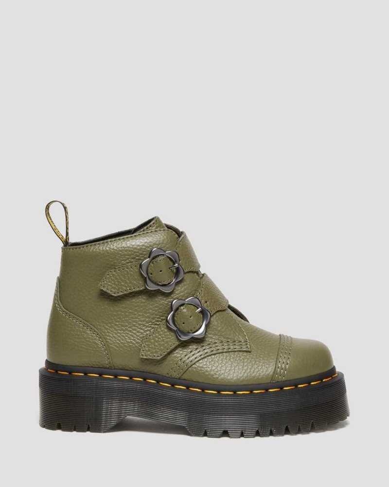 Dr Martens Devon Flower Buckle Leather Platform Boots Platform Boots Khaki Green | 01982LOUZ