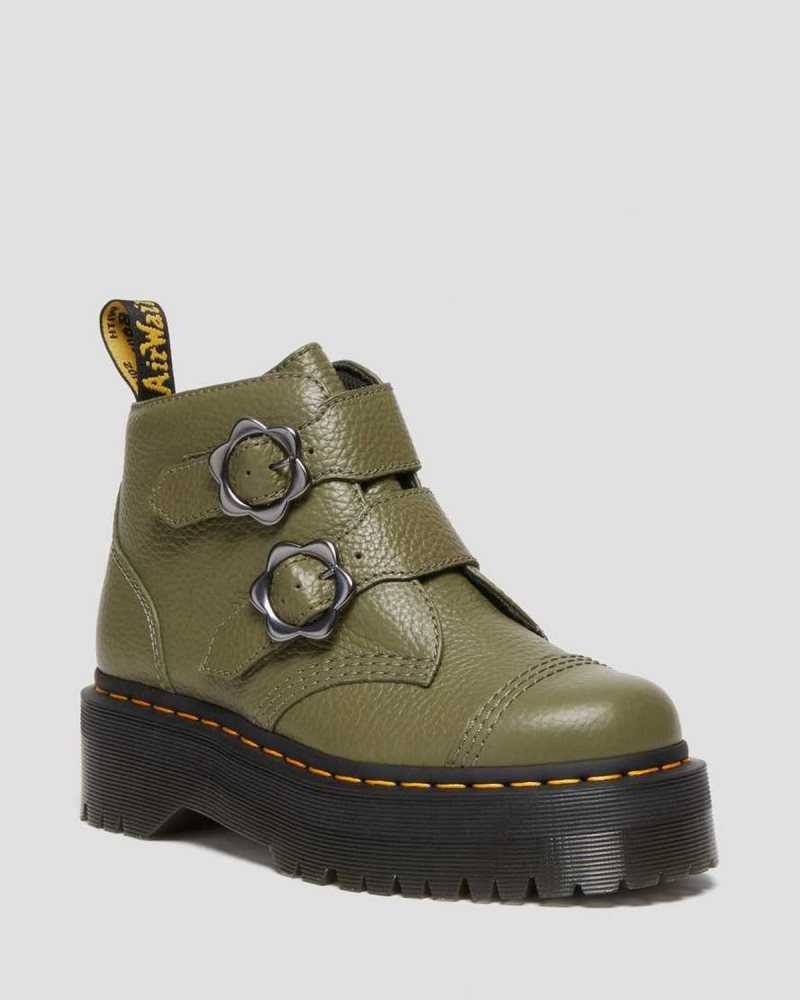 Dr Martens Devon Flower Buckle Leather Platform Boots Platform Boots Khaki Green | 01982LOUZ