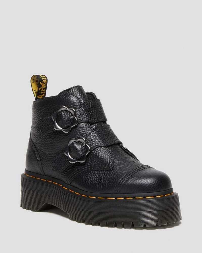 Dr Martens Devon Flower Buckle Leather Platform Boots Platform Boots Black | 61807BHDE