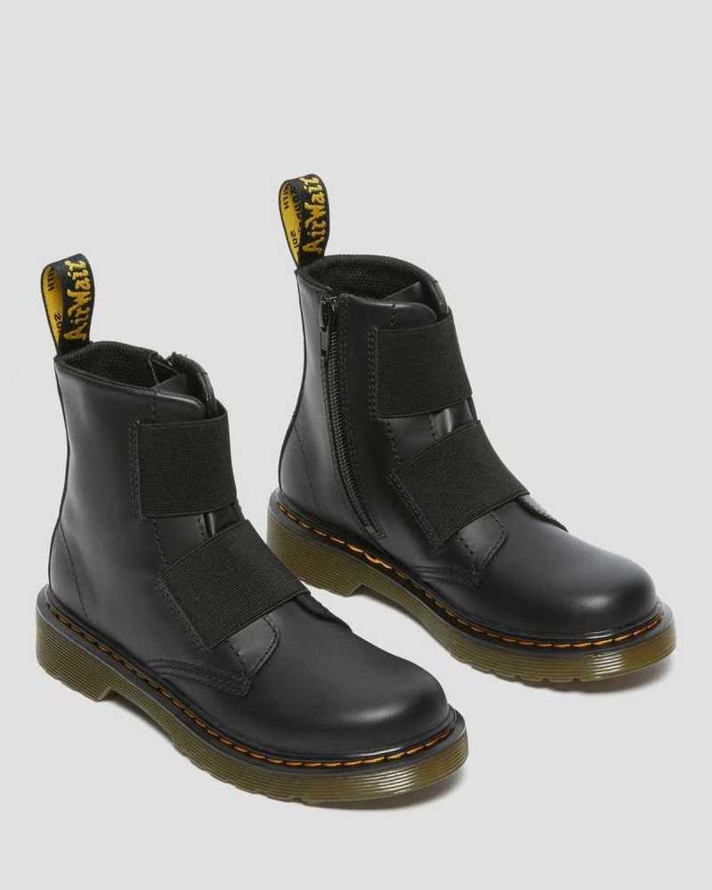 Dr Martens Junior 1460 Elastic Leather Lace Up Boots Boots Black | 06837JPMA