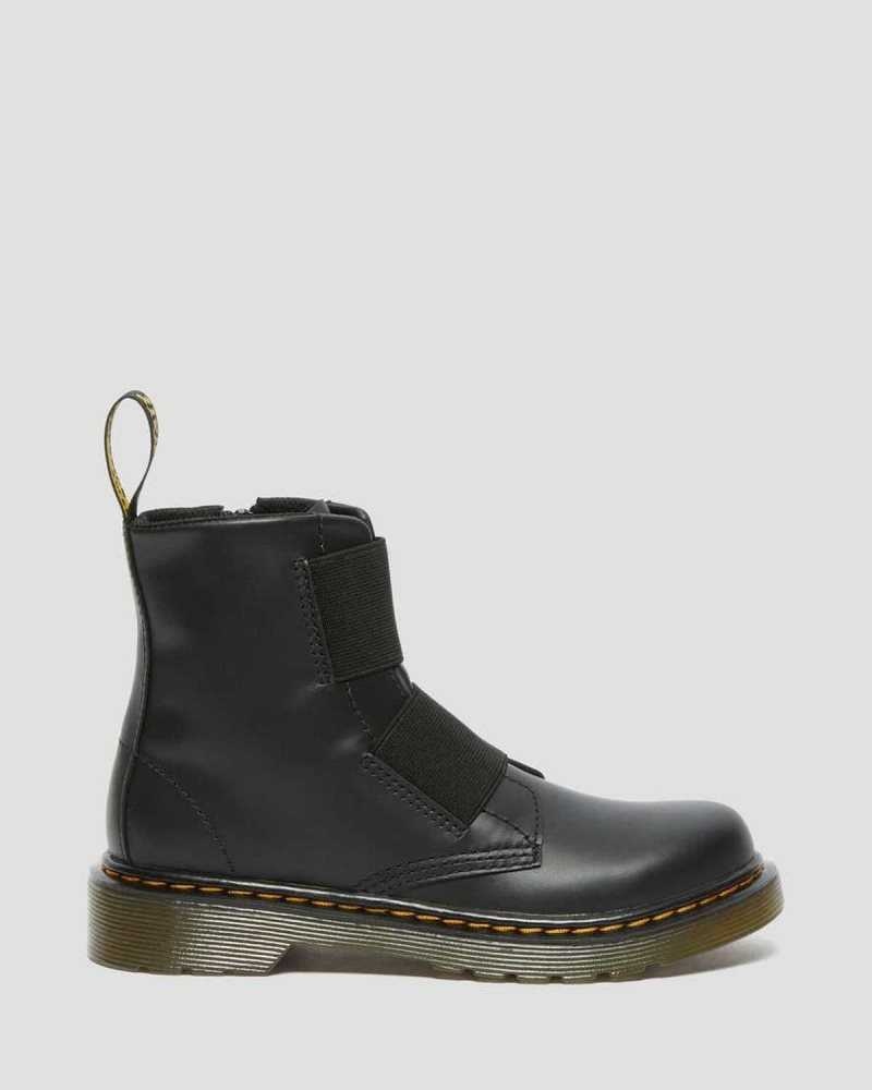 Dr Martens Junior 1460 Elastic Leather Lace Up Boots Boots Black | 06837JPMA