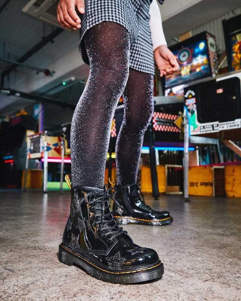 Dr Martens Junior 1460 Glitter Star Patent Lace Up Boots Boots Black | 08523LAMY