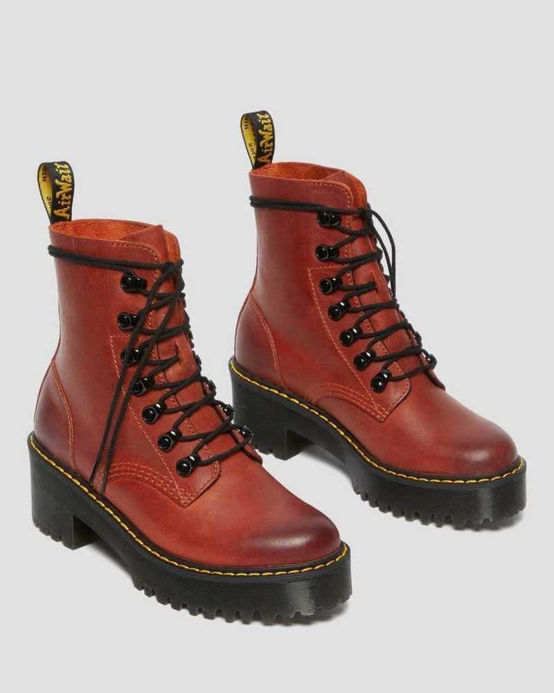 Dr Martens Leona Wyoming Leather Platform Heeled Boots Heeled Boots Dark Red | 78359EDFP