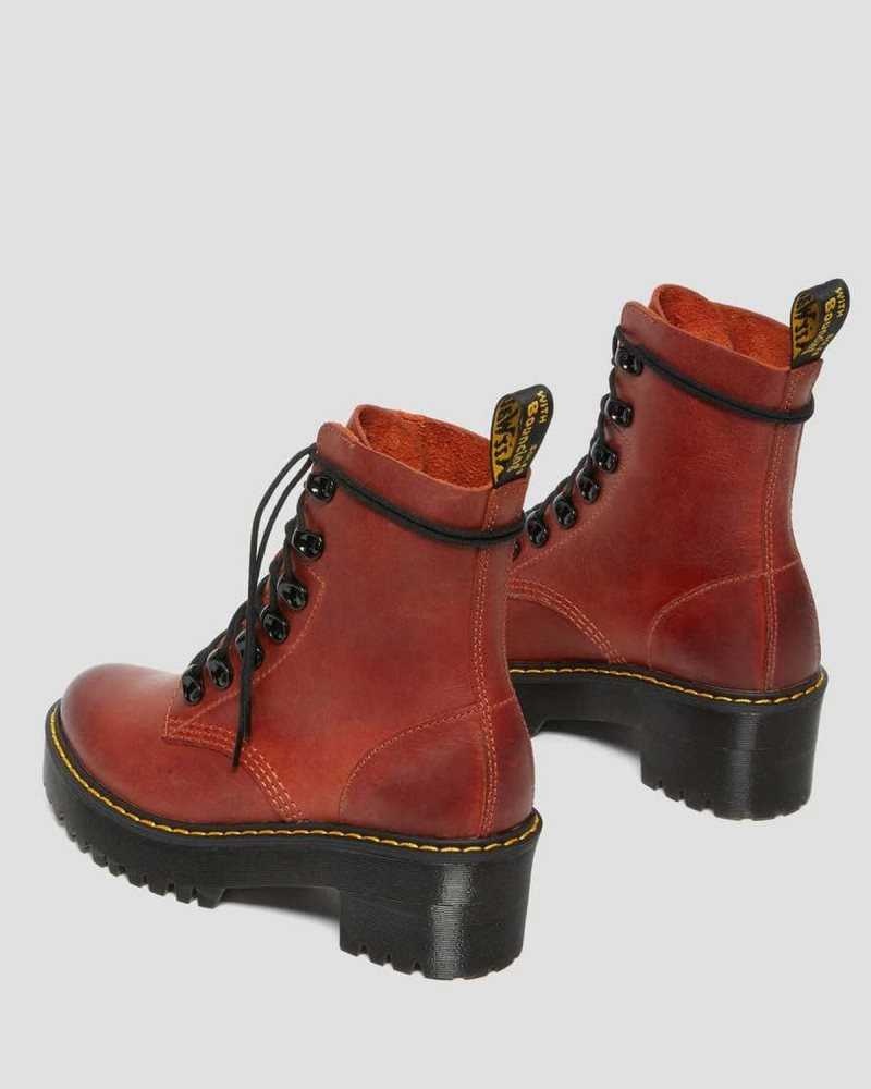 Dr Martens Leona Wyoming Leather Platform Heeled Boots Heeled Boots Dark Red | 78359EDFP