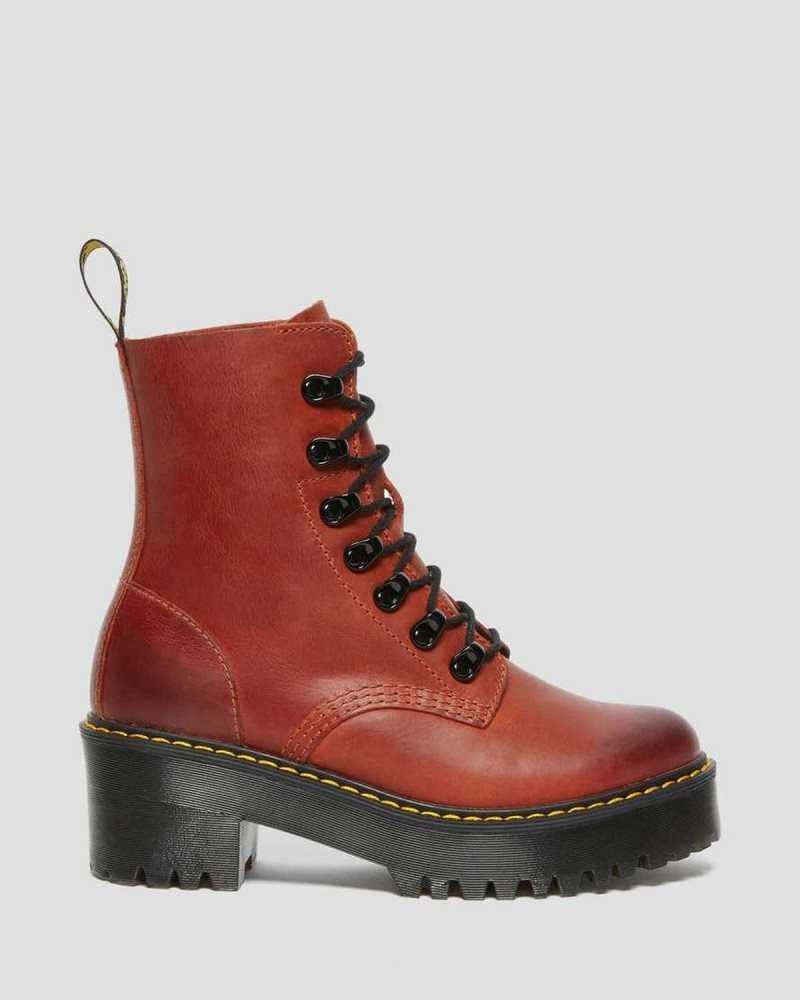 Dr Martens Leona Wyoming Leather Platform Heeled Boots Heeled Boots Dark Red | 78359EDFP