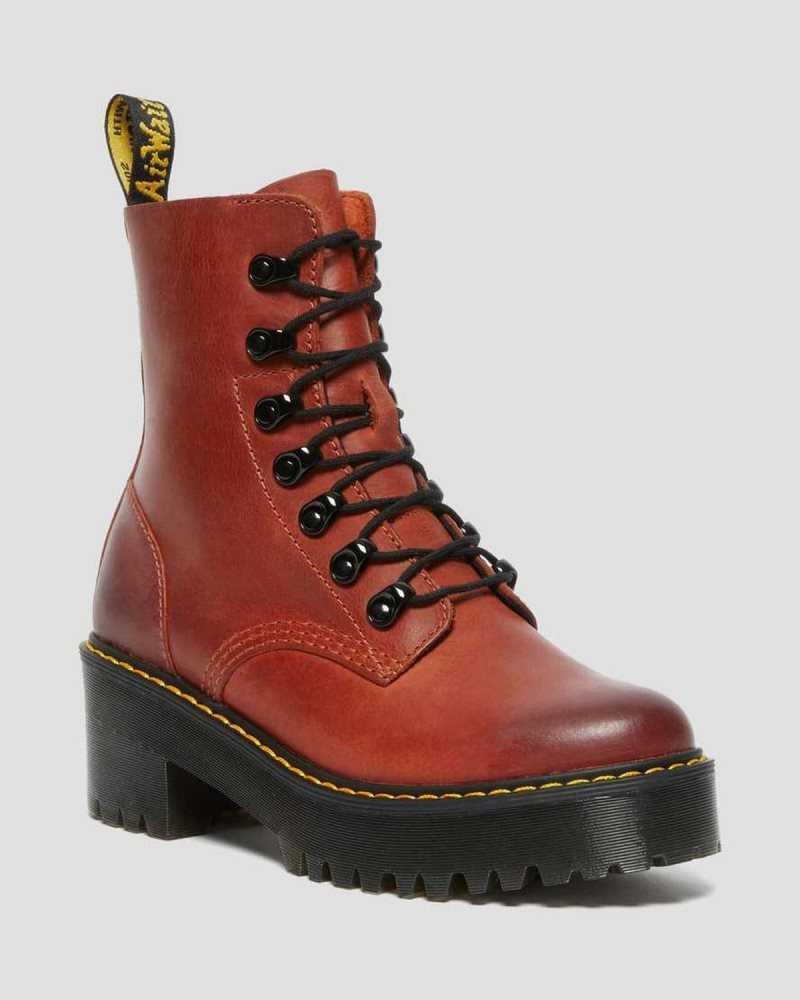 Dr Martens Leona Wyoming Leather Platform Heeled Boots Heeled Boots Dark Red | 78359EDFP