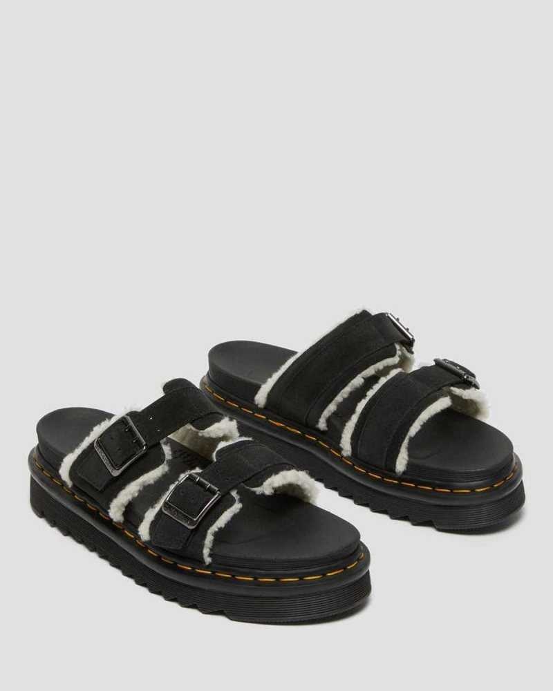 Dr Martens Myles Suede Fur-Lined Buckle Slide Sandals Platform Sandals Black | 84075RFAQ