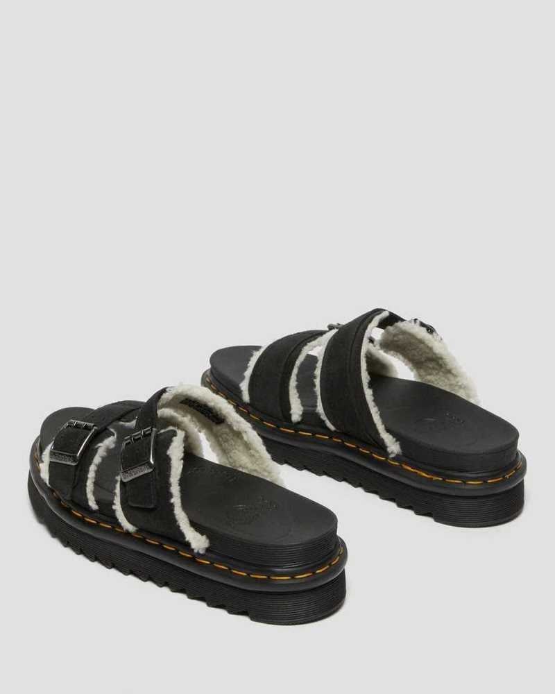 Dr Martens Myles Suede Fur-Lined Buckle Slide Sandals Platform Sandals Black | 84075RFAQ