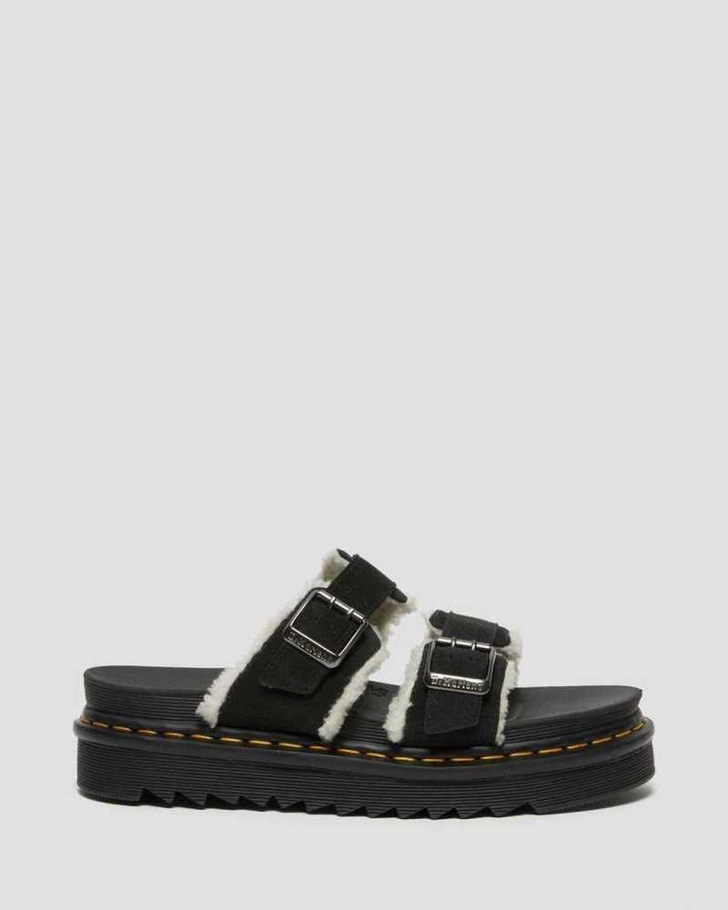 Dr Martens Myles Suede Fur-Lined Buckle Slide Sandals Platform Sandals Black | 84075RFAQ