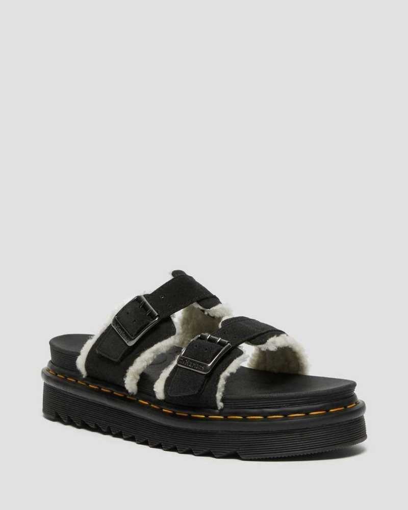 Dr Martens Myles Suede Fur-Lined Buckle Slide Sandals Platform Sandals Black | 84075RFAQ