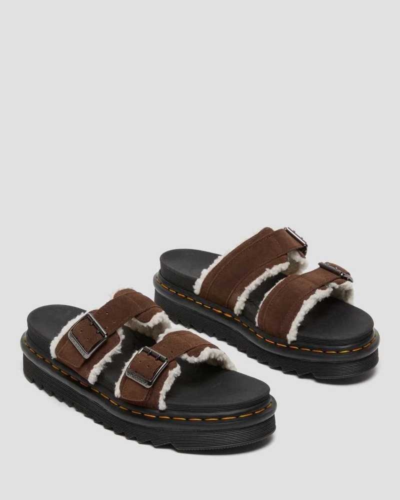 Dr Martens Myles Suede Fur-Lined Buckle Slide Sandals Platform Sandals Dark Brown | 81056EPKB